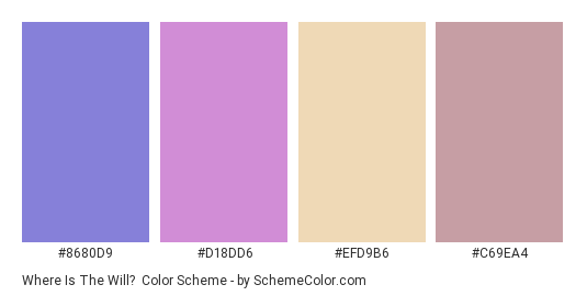 Where is the Will? - Color scheme palette thumbnail - #8680D9 #D18DD6 #EFD9B6 #C69EA4 