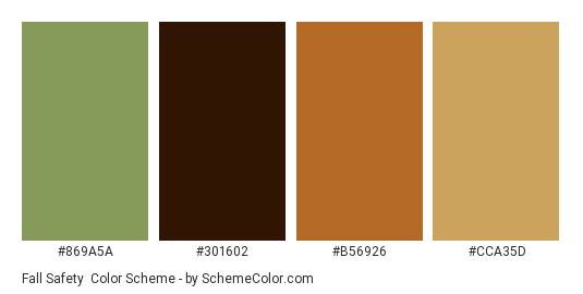 Fall Safety - Color scheme palette thumbnail - #869A5A #301602 #B56926 #CCA35D 