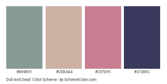Dull and Dead - Color scheme palette thumbnail - #869B91 #CEB3A4 #C97D91 #37385C 