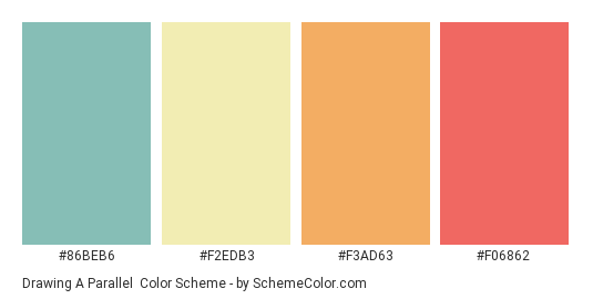 Drawing a Parallel - Color scheme palette thumbnail - #86BEB6 #F2EDB3 #F3AD63 #F06862 