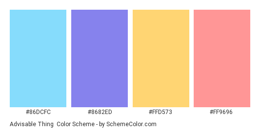 Advisable Thing - Color scheme palette thumbnail - #86DCFC #8682ED #FFD573 #FF9696 