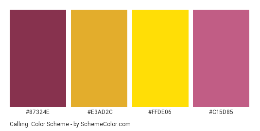 Calling - Color scheme palette thumbnail - #87324E #E3AD2C #FFDE06 #C15D85 