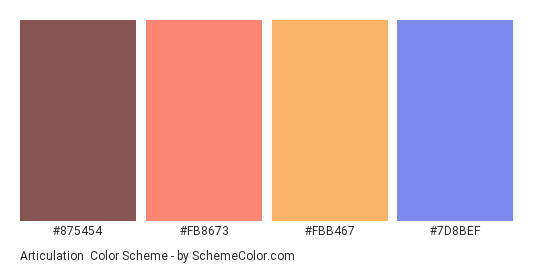 Articulation - Color scheme palette thumbnail - #875454 #FB8673 #FBB467 #7D8BEF 