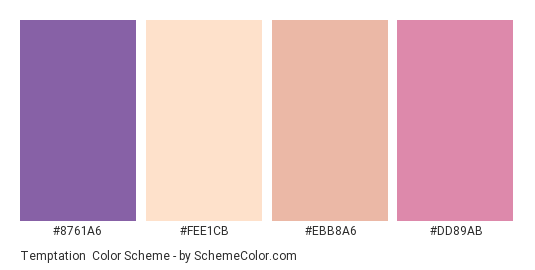 Temptation - Color scheme palette thumbnail - #8761a6 #fee1cb #ebb8a6 #dd89ab 