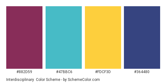 Interdisciplinary - Color scheme palette thumbnail - #882d59 #47bbc6 #fdcf3d #364480 
