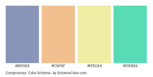 Compromise - Color scheme palette thumbnail - #8895B8 #F2BF8F #EFECA4 #59DBB6 