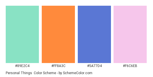 Personal Things - Color scheme palette thumbnail - #89E2C4 #FF8A3C #5A77D4 #F6C6EB 