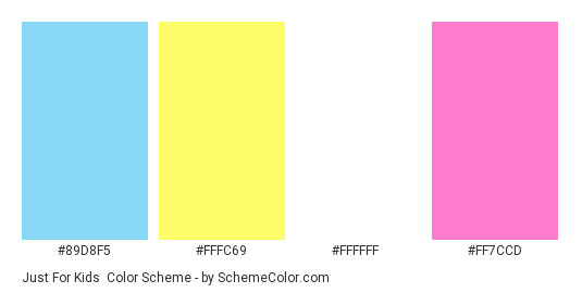 Just For Kids - Color scheme palette thumbnail - #89d8f5 #fffc69 #ffffff #ff7ccd 