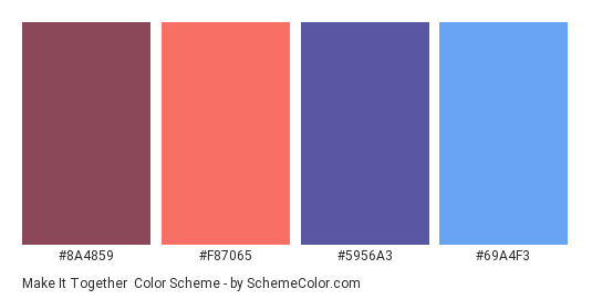 Make it Together - Color scheme palette thumbnail - #8A4859 #F87065 #5956A3 #69A4F3 
