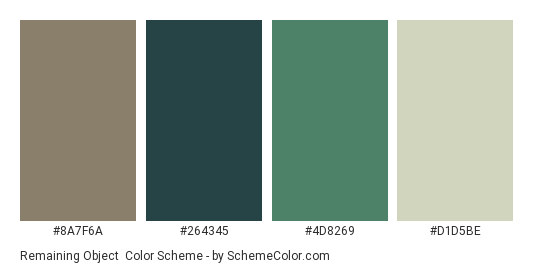 Remaining Object - Color scheme palette thumbnail - #8A7F6A #264345 #4D8269 #D1D5BE 