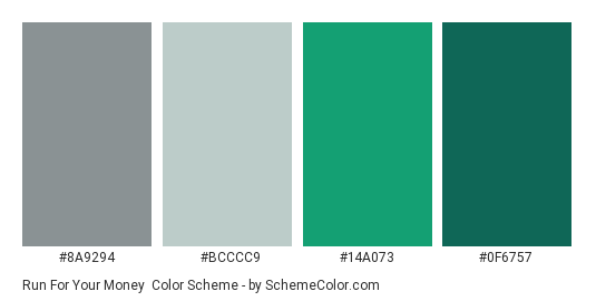Run for Your Money - Color scheme palette thumbnail - #8A9294 #BCCCC9 #14A073 #0F6757 