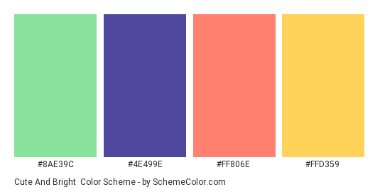 Cute and Bright - Color scheme palette thumbnail - #8AE39C #4E499E #FF806E #FFD359 