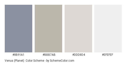 Venus (Planet) - Color scheme palette thumbnail - #8B91A1 #BBB7AB #DDD8D4 #EFEFEF 