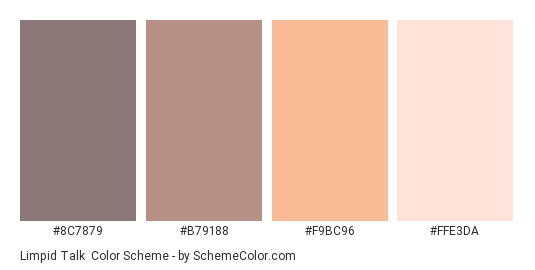 Limpid Talk - Color scheme palette thumbnail - #8C7879 #B79188 #F9BC96 #FFE3DA 