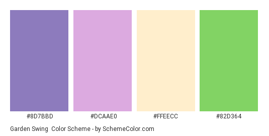 Garden Swing - Color scheme palette thumbnail - #8D7BBD #DCAAE0 #FFEECC #82d364 