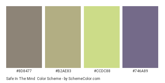 Safe in the Mind - Color scheme palette thumbnail - #8D8477 #B2AE83 #CCDC88 #746A89 