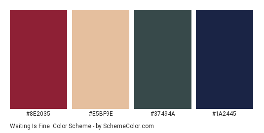 Waiting is Fine - Color scheme palette thumbnail - #8E2035 #E5BF9E #37494A #1A2445 