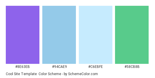 Cool site template - Color scheme palette thumbnail - #8E63EB #94CAE9 #C6EBFE #58CB8B 