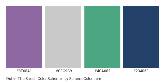 Out in the Street - Color scheme palette thumbnail - #8E68A1 #C9C9C9 #4CA682 #234069 