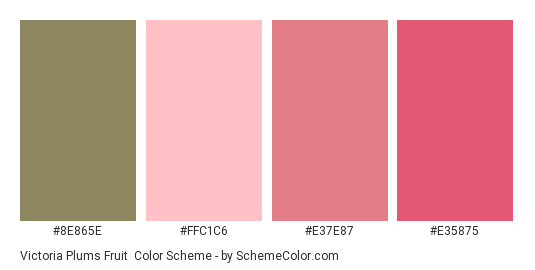 Victoria Plums Fruit - Color scheme palette thumbnail - #8E865E #FFC1C6 #E37E87 #E35875 