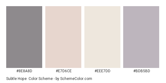 Subtle Hope - Color scheme palette thumbnail - #8E8A8D #E7D6CE #EEE7DD #BDB5BD 