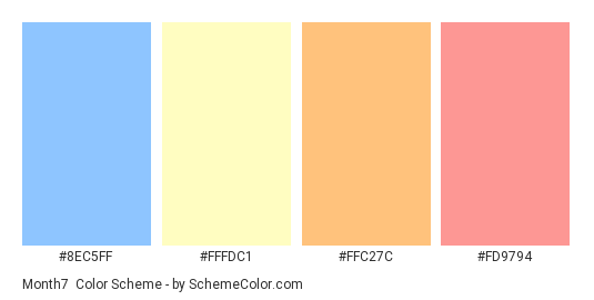 Month7 - Color scheme palette thumbnail - #8EC5FF #FFFDC1 #FFC27C #FD9794 