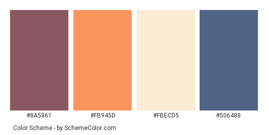 Snow Mountain Sunrise - Color scheme palette thumbnail - #8a5861 #fb945d #fbecd5 #506488 