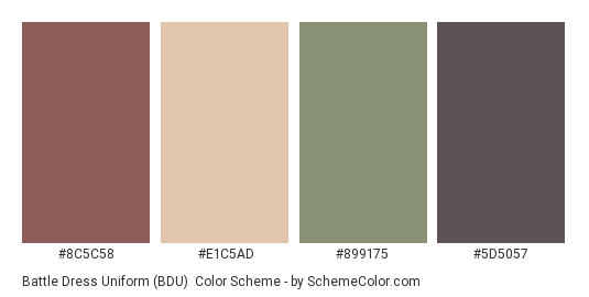 Battle Dress Uniform (BDU) - Color scheme palette thumbnail - #8c5c58 #e1c5ad #899175 #5d5057 