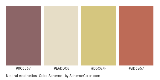 Neutral Aesthetics - Color scheme palette thumbnail - #8c6567 #e6ddc6 #d5c67f #bd6b57 