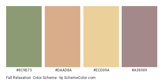Fall Relaxation - Color scheme palette thumbnail - #8c9b73 #daad8a #ecd09a #a38989 