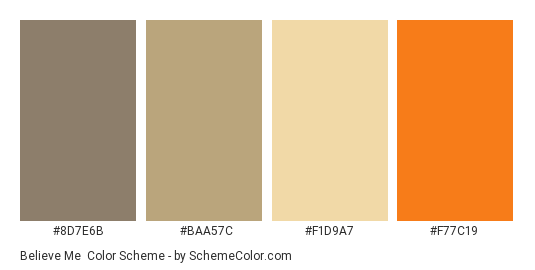 Believe Me - Color scheme palette thumbnail - #8d7e6b #baa57c #f1d9a7 #f77c19 