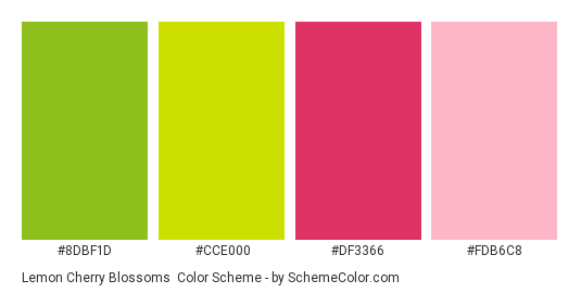 Lemon Cherry Blossoms - Color scheme palette thumbnail - #8dbf1d #cce000 #df3366 #fdb6c8 