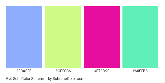 Get Set & Go - Color scheme palette thumbnail - #90AEFF #CEFC86 #E70D9E #60EFB8 
