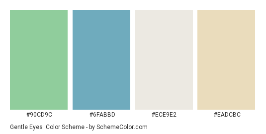 Gentle Eyes - Color scheme palette thumbnail - #90CD9C #6FABBD #ECE9E2 #EADCBC 