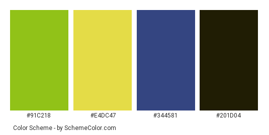 Love Bird - Color scheme palette thumbnail - #91c218 #e4dc47 #344581 #201d04 