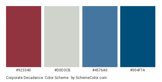 Corporate Decadence - Color scheme palette thumbnail - #923340 #d0d3cb #4576a0 #004f7a 