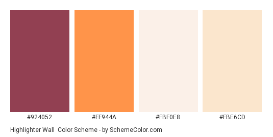 Highlighter Wall - Color scheme palette thumbnail - #924052 #FF944A #FBF0E8 #FBE6CD 