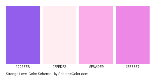 Strange Love - Color scheme palette thumbnail - #925EEB #FFEDF2 #FBADE9 #EE88E7 
