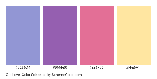 Old Love - Color scheme palette thumbnail - #9296D4 #955FB0 #E36F96 #FFE6A1 