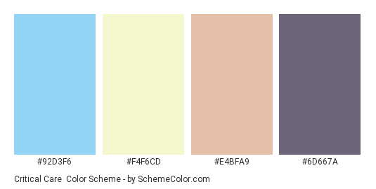 Critical Care - Color scheme palette thumbnail - #92D3F6 #F4F6CD #E4BFA9 #6D667A 