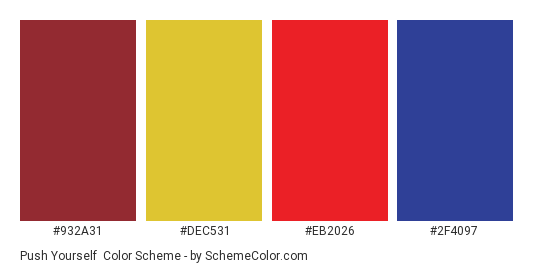 Push Yourself - Color scheme palette thumbnail - #932a31 #dec531 #eb2026 #2f4097 