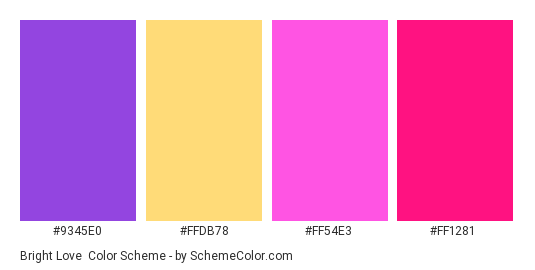 Bright Love - Color scheme palette thumbnail - #9345E0 #FFDB78 #FF54E3 #FF1281 