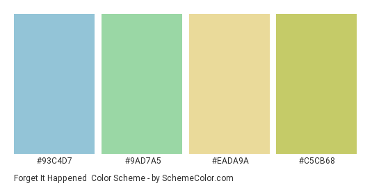 Forget it Happened - Color scheme palette thumbnail - #93c4d7 #9ad7a5 #eada9a #c5cb68 