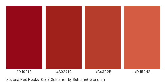 Sedona Red Rocks - Color scheme palette thumbnail - #940818 #a0201c #b63d2b #d45c42 