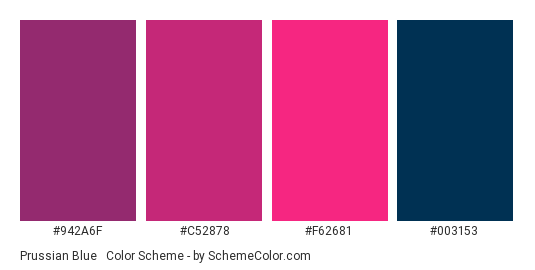 Prussian Blue & Pink - Color scheme palette thumbnail - #942A6F #C52878 #F62681 #003153 