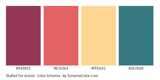 Stalled for Action - Color scheme palette thumbnail - #943855 #E16363 #FFD692 #367B80 