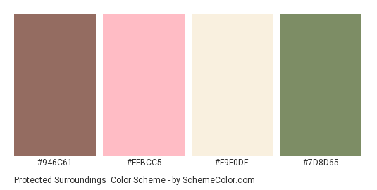 Protected Surroundings - Color scheme palette thumbnail - #946C61 #FFBCC5 #F9F0DF #7D8D65 