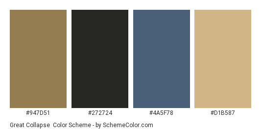 Great Collapse - Color scheme palette thumbnail - #947d51 #272724 #4a5f78 #d1b587 