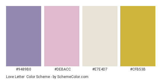 Love Letter - Color scheme palette thumbnail - #9489b0 #debacc #e7e4d7 #cfb53b 
