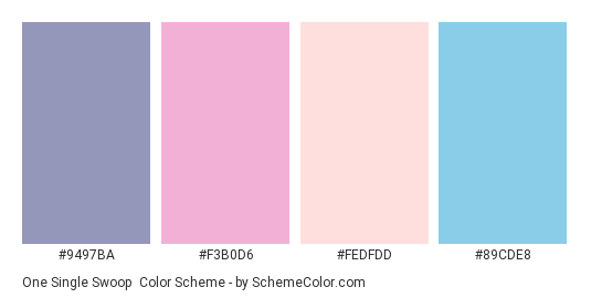 One Single Swoop - Color scheme palette thumbnail - #9497BA #F3B0D6 #FEDFDD #89CDE8 